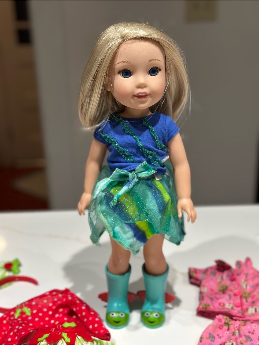 American Girl wellie wishers Camille with original meet outfit, pjs, xmas outfit